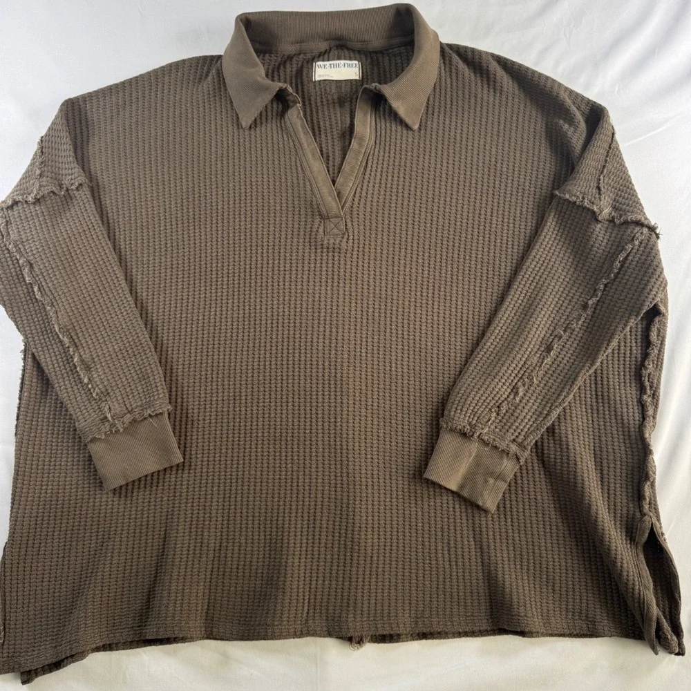 We The Free Travis Tunic Polo Pullover Women Small Green Waffle Knit Free People